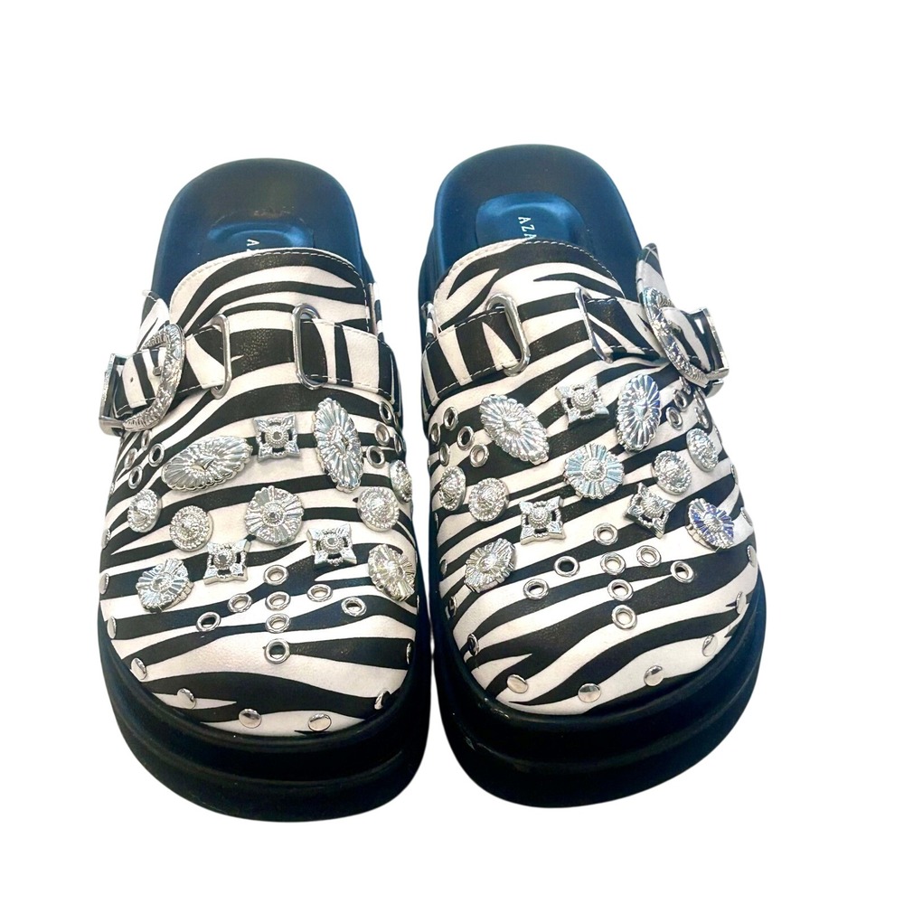 Azalea Wang Zebra Print Embellished Platform Clogs Mules RhinestoneSilver Buckle